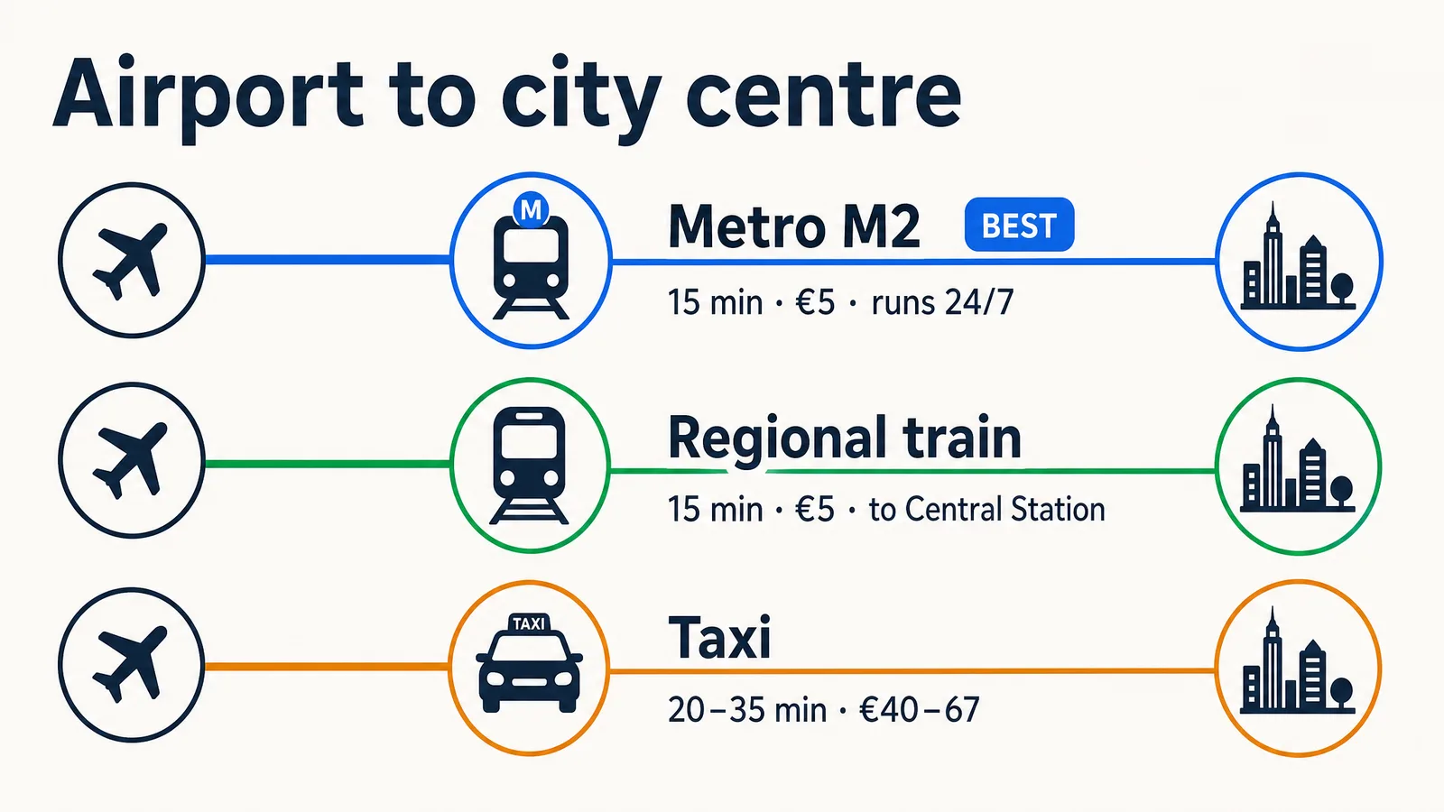 Copenhagen airport to city centre: Metro M2 15 min, regional train 15 min, taxi 20-35 min