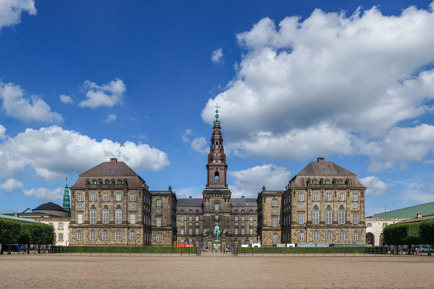 Christiansborg Palace tower with Copenhagen cityscape in the background