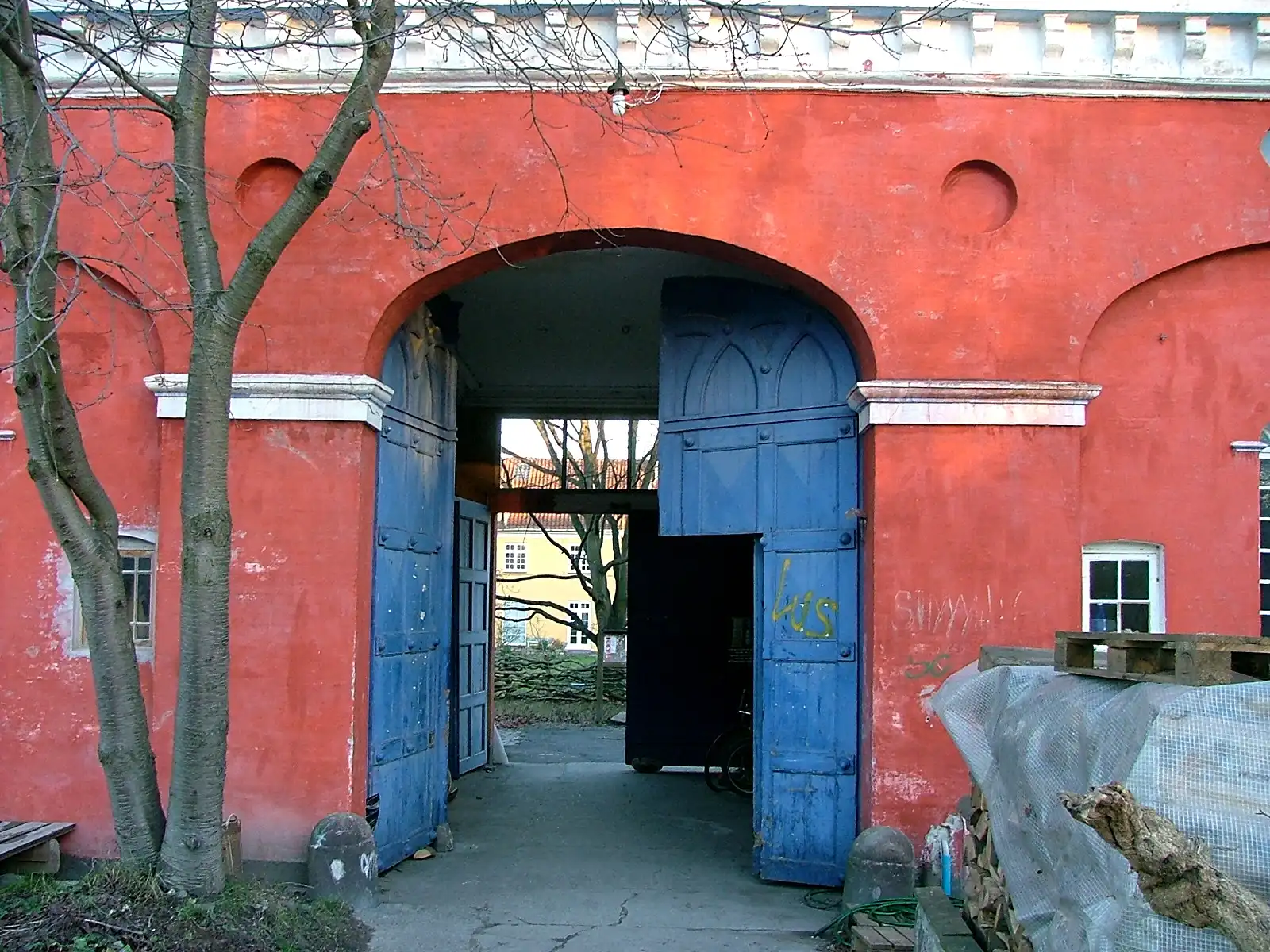 The red main entrance gate of Freetown Christiania in Copenhagen