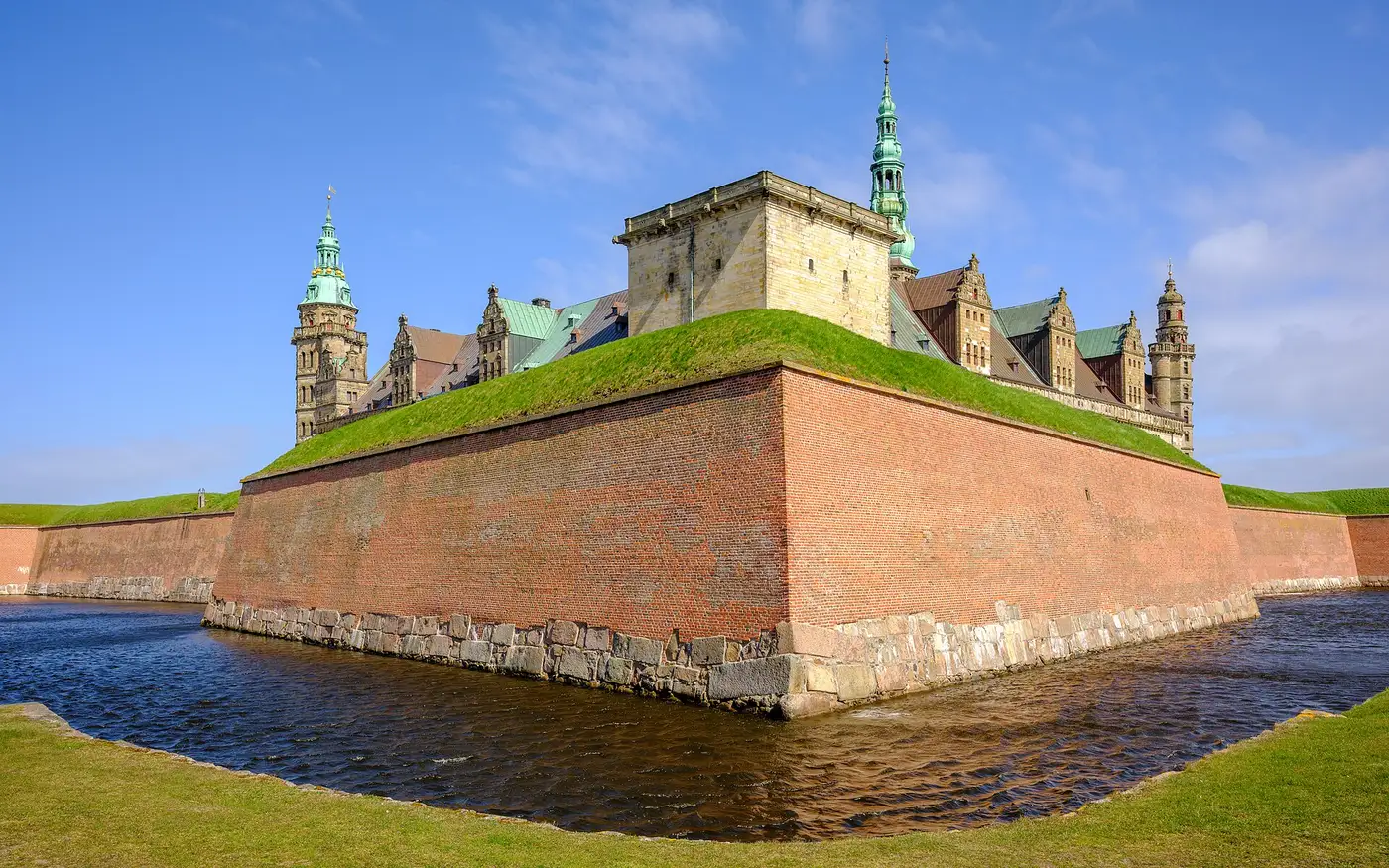 Kronborg Castle fortress walls and moat at Helsingor