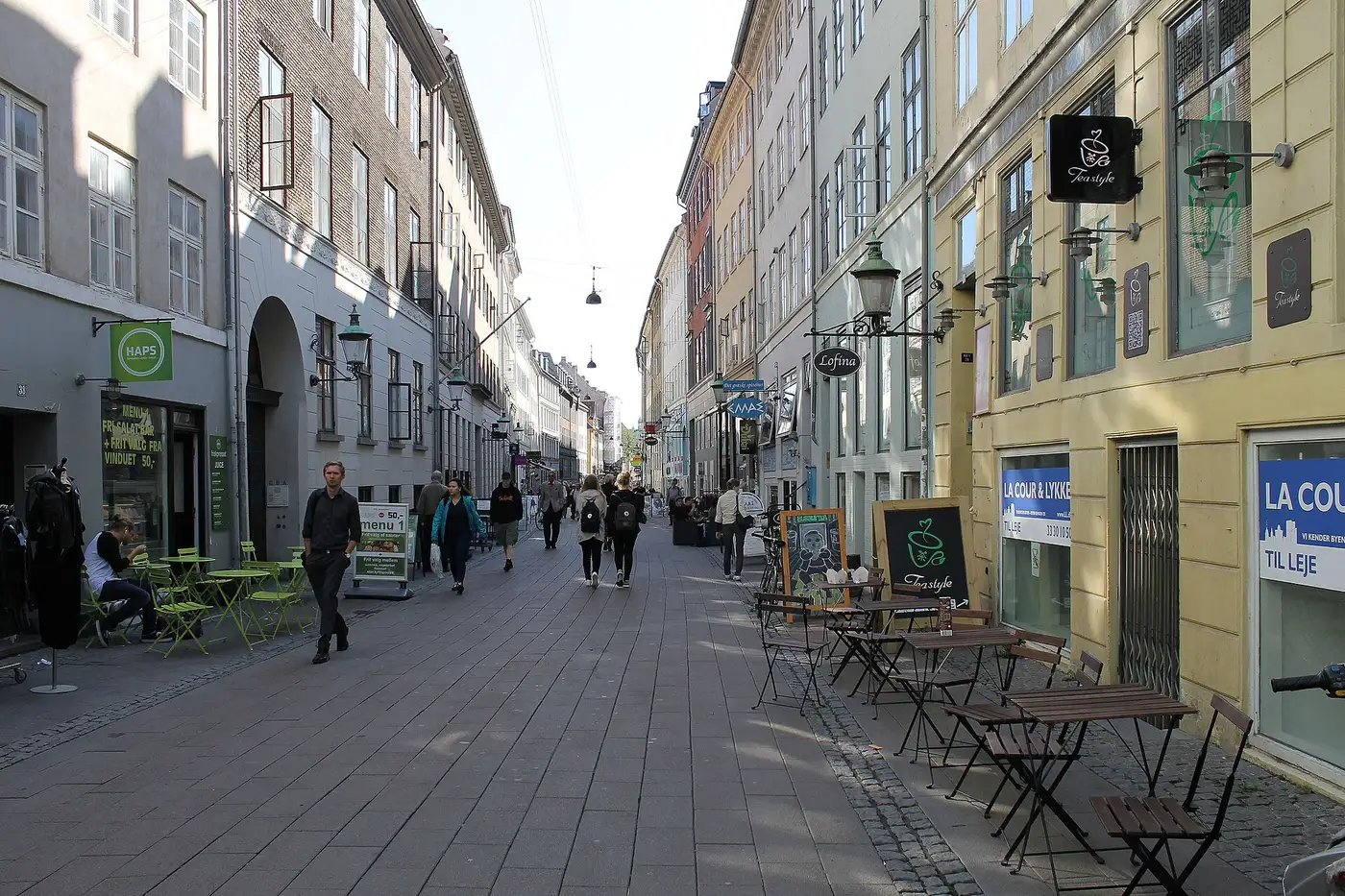 Independent shops and cafes on a side street of Copenhagen