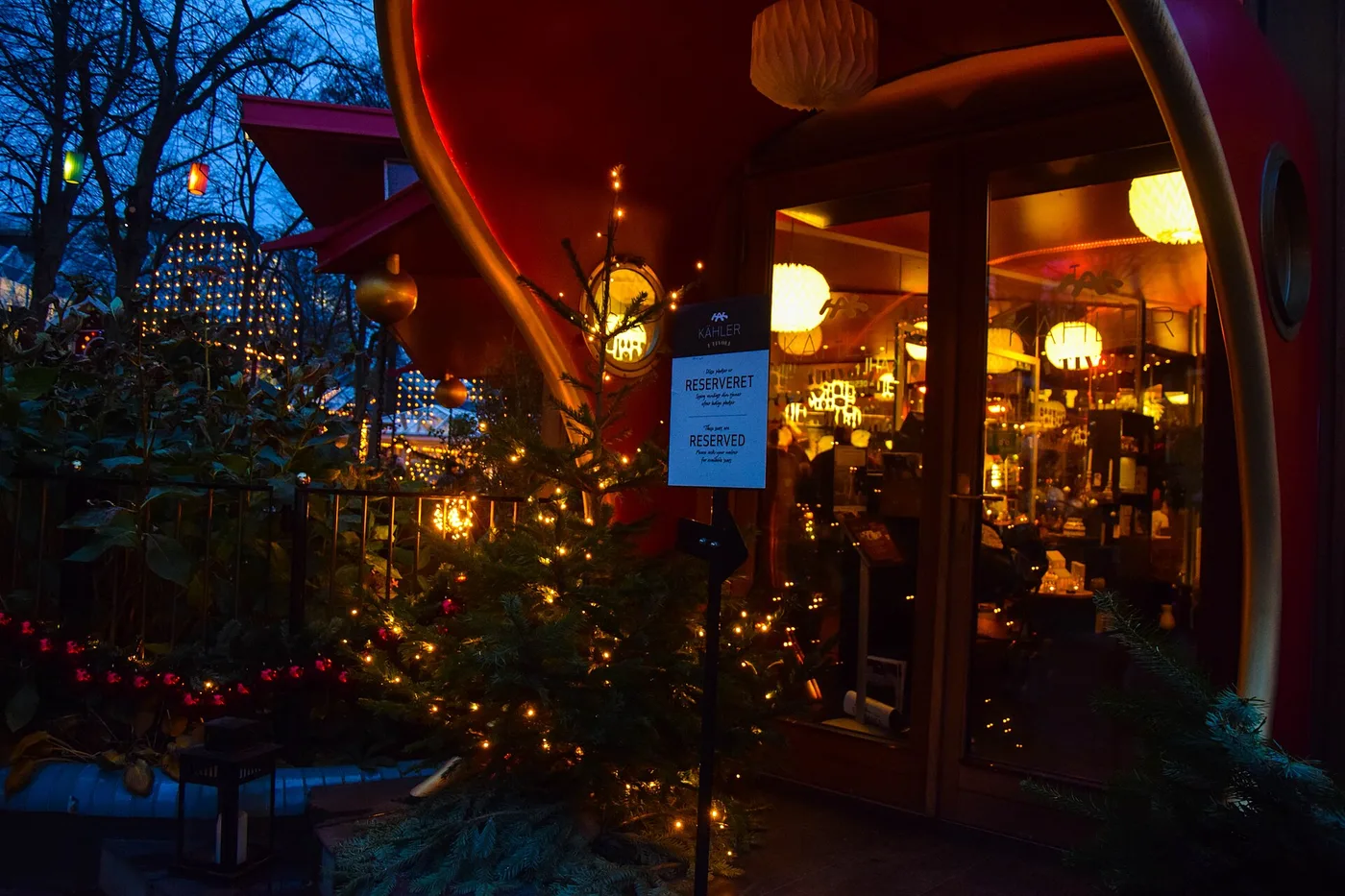 Christmas market stalls and lights at Tivoli Gardens