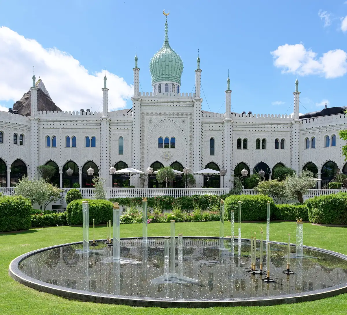 The Moorish-style Nimb building in Tivoli Gardens with fountain